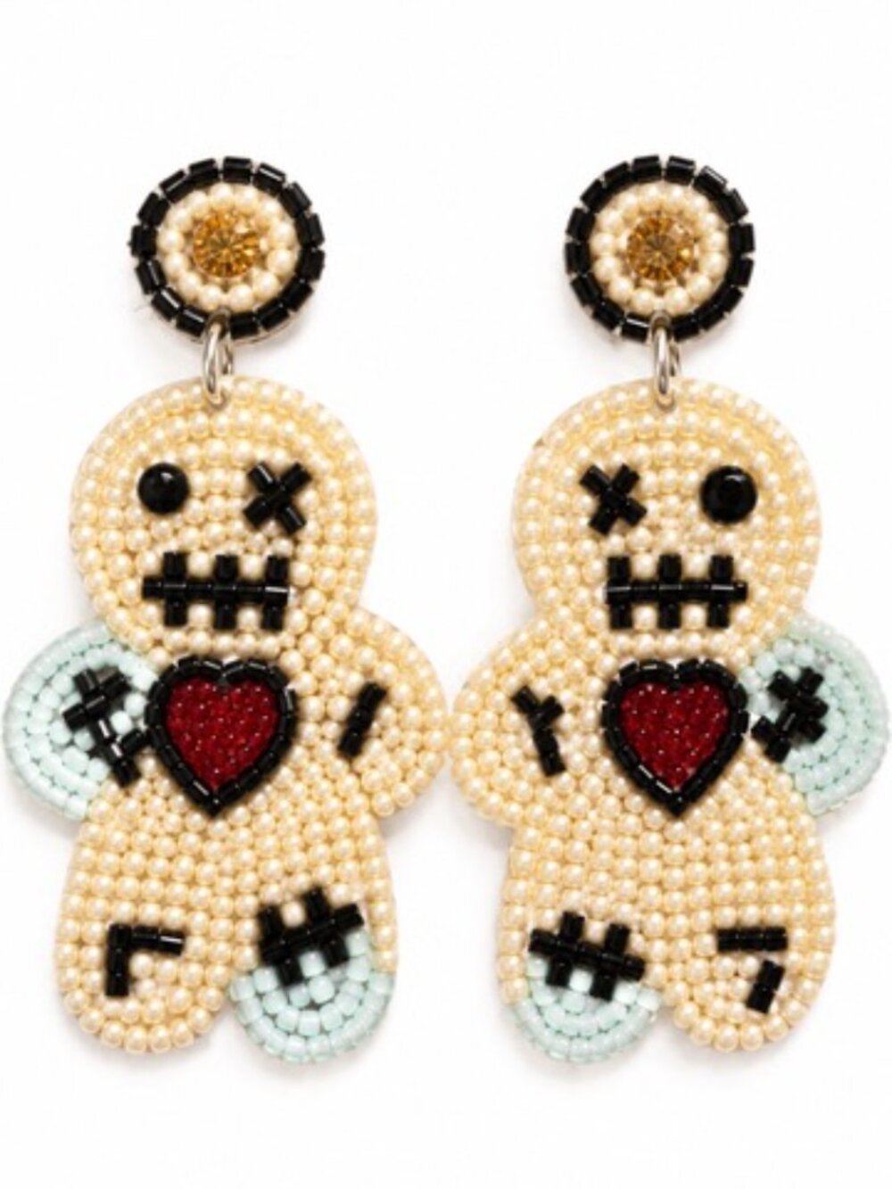Brand New Beaded Voodoo Doll Earrings Heart Statement Halloween